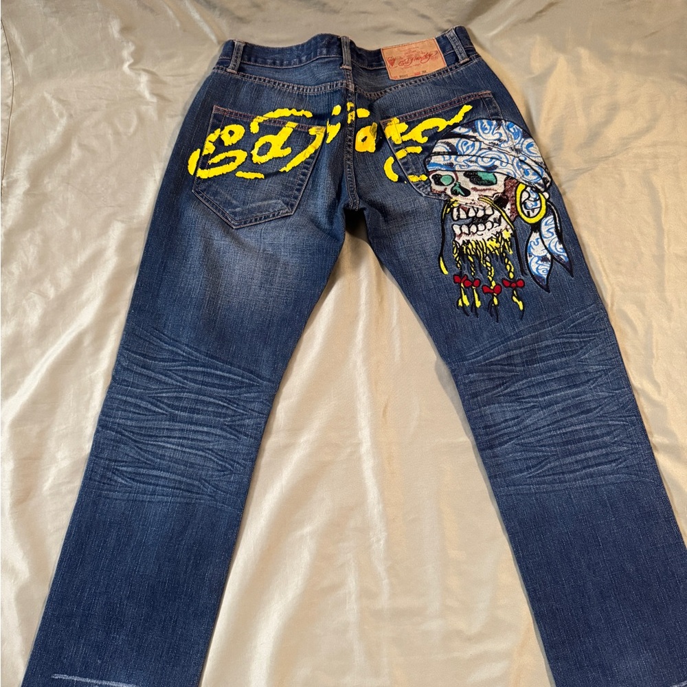 Christian Audigier Blue Jeans with Colorful Skull Art 32X32